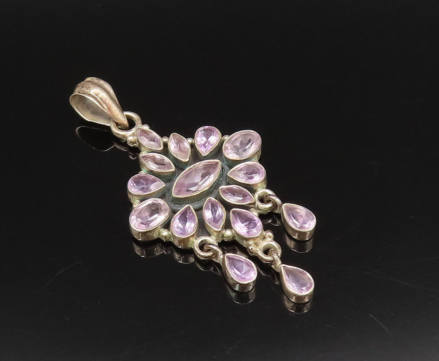 925 Sterling Silver  Vintage Multi Pear Shaped Gemstone Dangle Pendant  PT21765