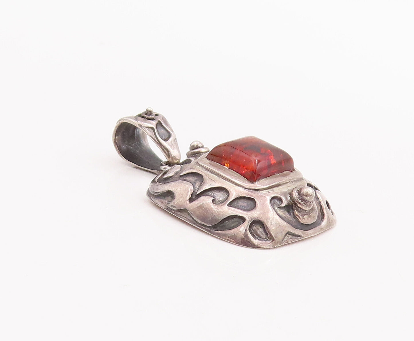 925 Sterling Silver Vintage Pendant SILPADA Swirly Carved Square Amber  PT22834