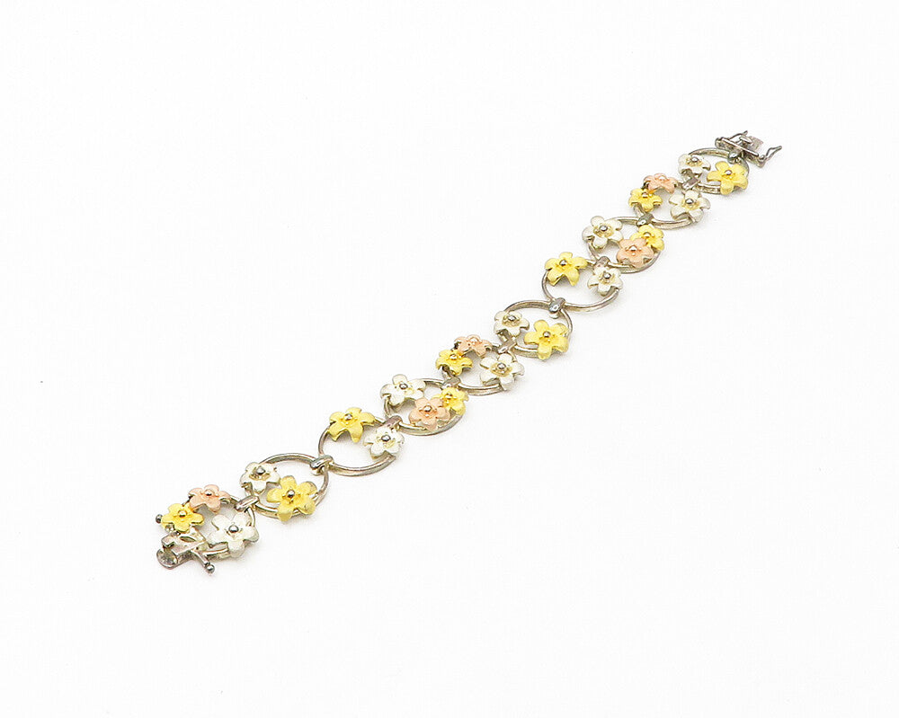 ROSS SIMON 925 Silver Vintage Three Tone Flower Motif Chain Bracelet BT6942