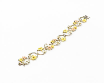 ROSS SIMON 925 Silver Vintage Three Tone Flower Motif Chain Bracelet BT6942