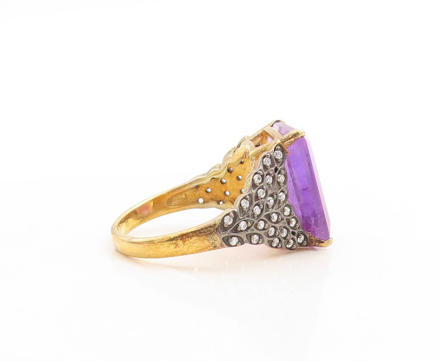 925 Sterling Silver Vintage Ring Gold Plated Amethyst & CZ Inlay  Sz 7  RG31213
