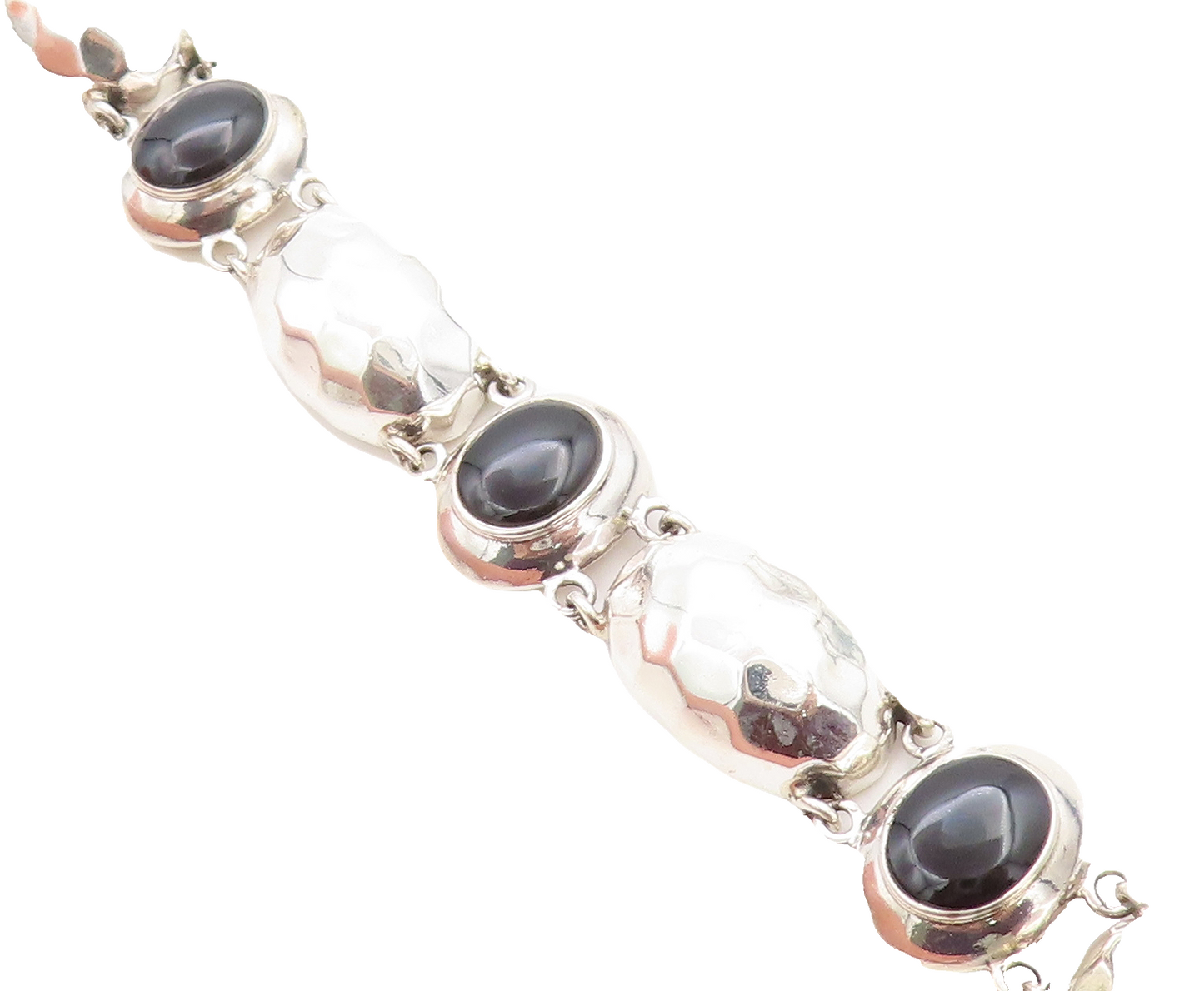 925 Sterling Silver  Black Onyx Shiny Hammered Dome Chain Bracelet  BT1933