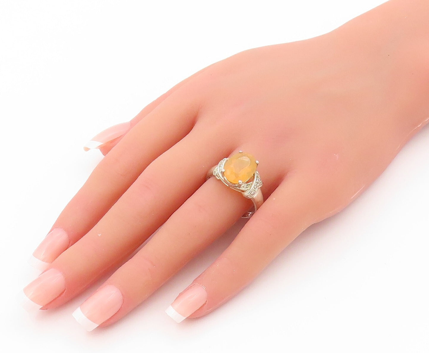 925 Sterling Silver Vintage Ring Designer Diamonds Oval Topaz  Sz 10  RG31930