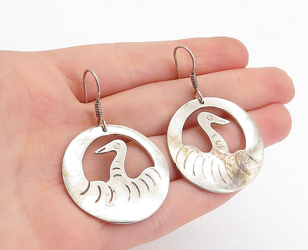 MEXICO 925 Sterling Silver  Vintage Etched Bird Round Dangle Earrings  EG2882