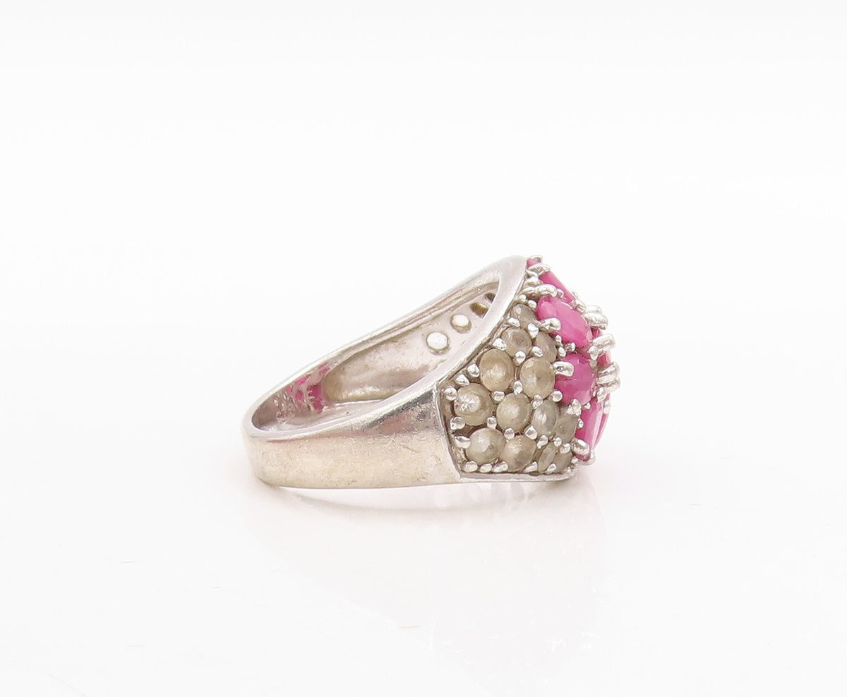 925 Sterling Silver Vintage Ring Designer Ruby & Topaz Flower  Sz 7  RG31663