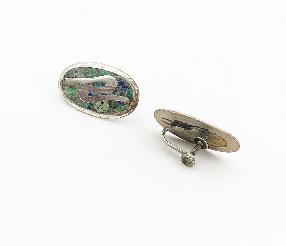 MEXICO 925 Silver  Vintage Inlaid Jasper Oval Non Pierce Drop Earrings  EG4590
