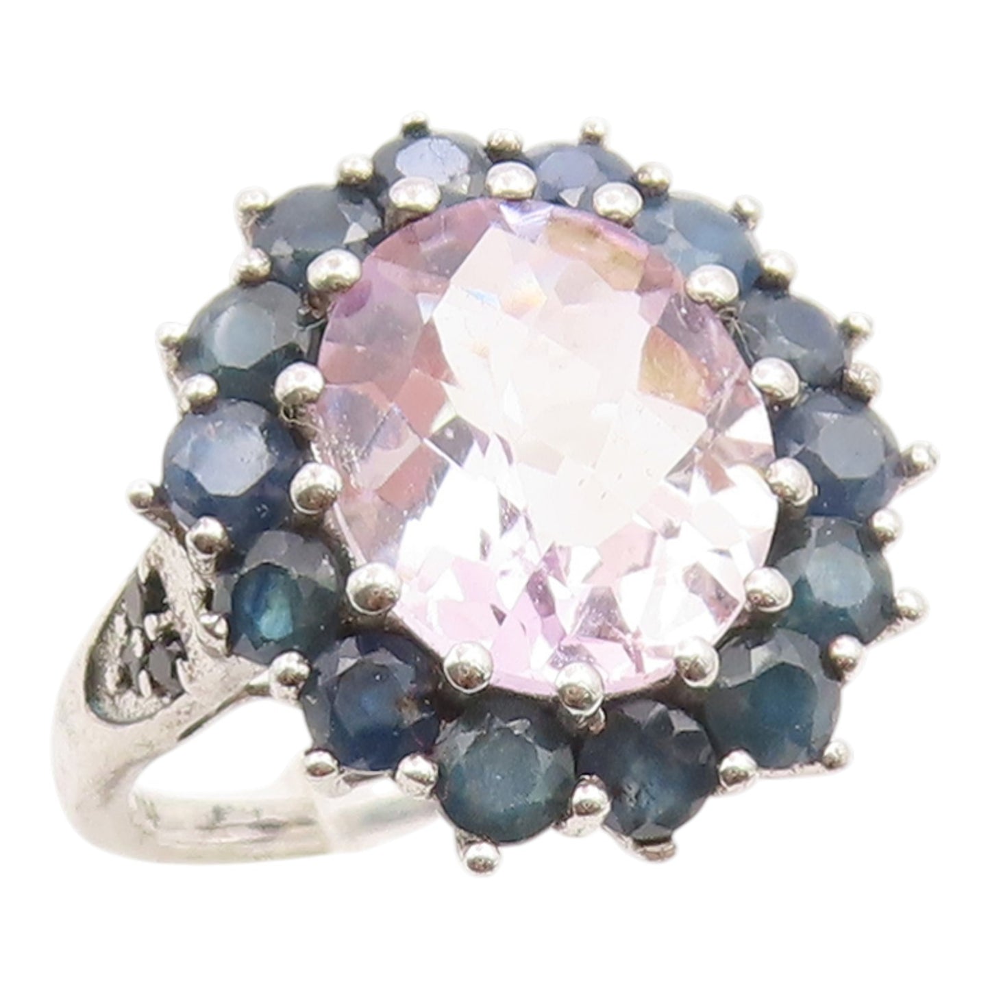 925 Sterling Silver Vintage Ring Rose Quartz & Halo Sapphire Band  Sz 8  RG36191