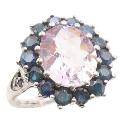 925 Sterling Silver Vintage Ring Rose Quartz & Halo Sapphire Band  Sz 8  RG36191