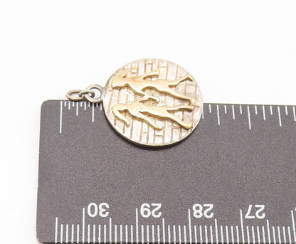 14k GOLD 925 Silver  Vintage Dancing Girls Brick Wall Round Pendant  PT22296