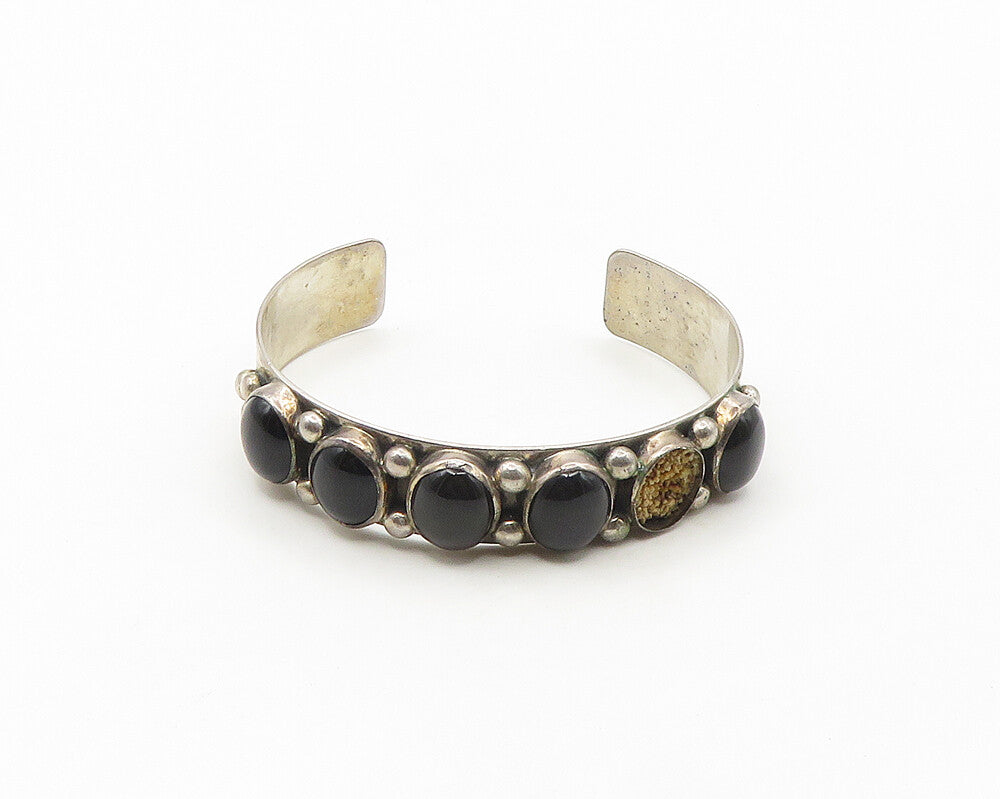 RMC NAVAJO 925 Silver  Vintage Cabochon Cut Black Onyx Cuff Bracelet  BT7144