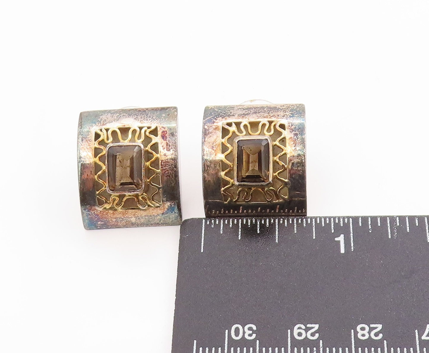 925 Sterling Silver Vintage Earrings Smoky Quartz Geometric Cut Out Stud EG13709