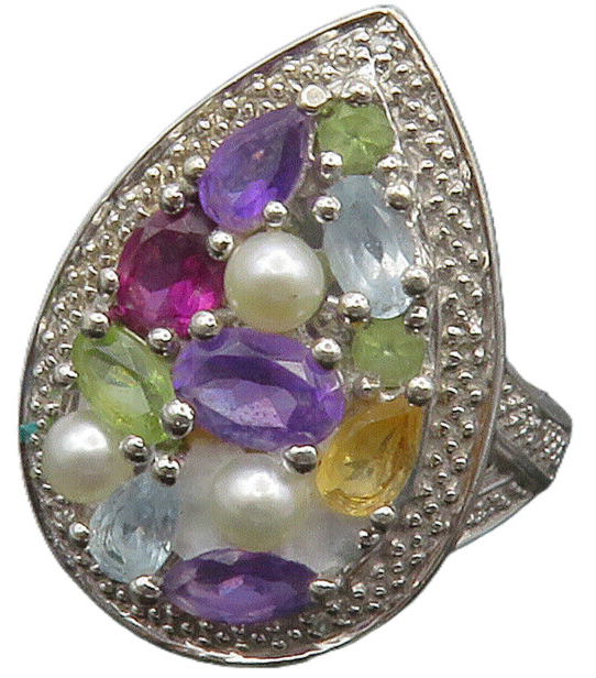 925 Silver Pearls Genuine Diamonds & Multi Stone Cocktail Ring Sz 6 RG13217