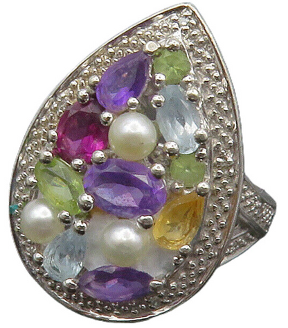 925 Silver Pearls Genuine Diamonds & Multi Stone Cocktail Ring Sz 6 RG13217
