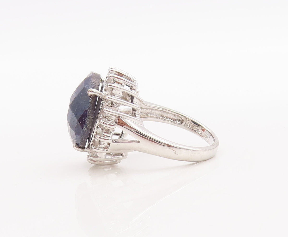 925 Sterling Silver Vintage Ring Large Round Sapphire Halo Topaz  Sz 7  RG29503