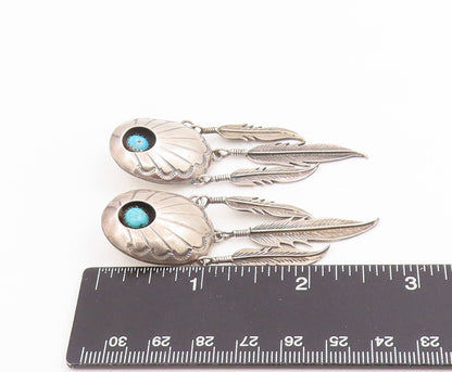 925 Sterling Silver Vintage Earrings NAVAJO Turquoise Concho Feathers  EG13990