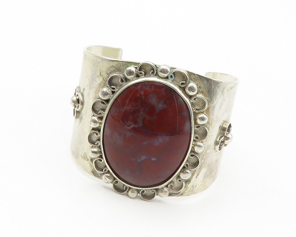 Solid Silver  Vintage Large Gemstone Swirl Shiny Cuff Bracelet  BT5341