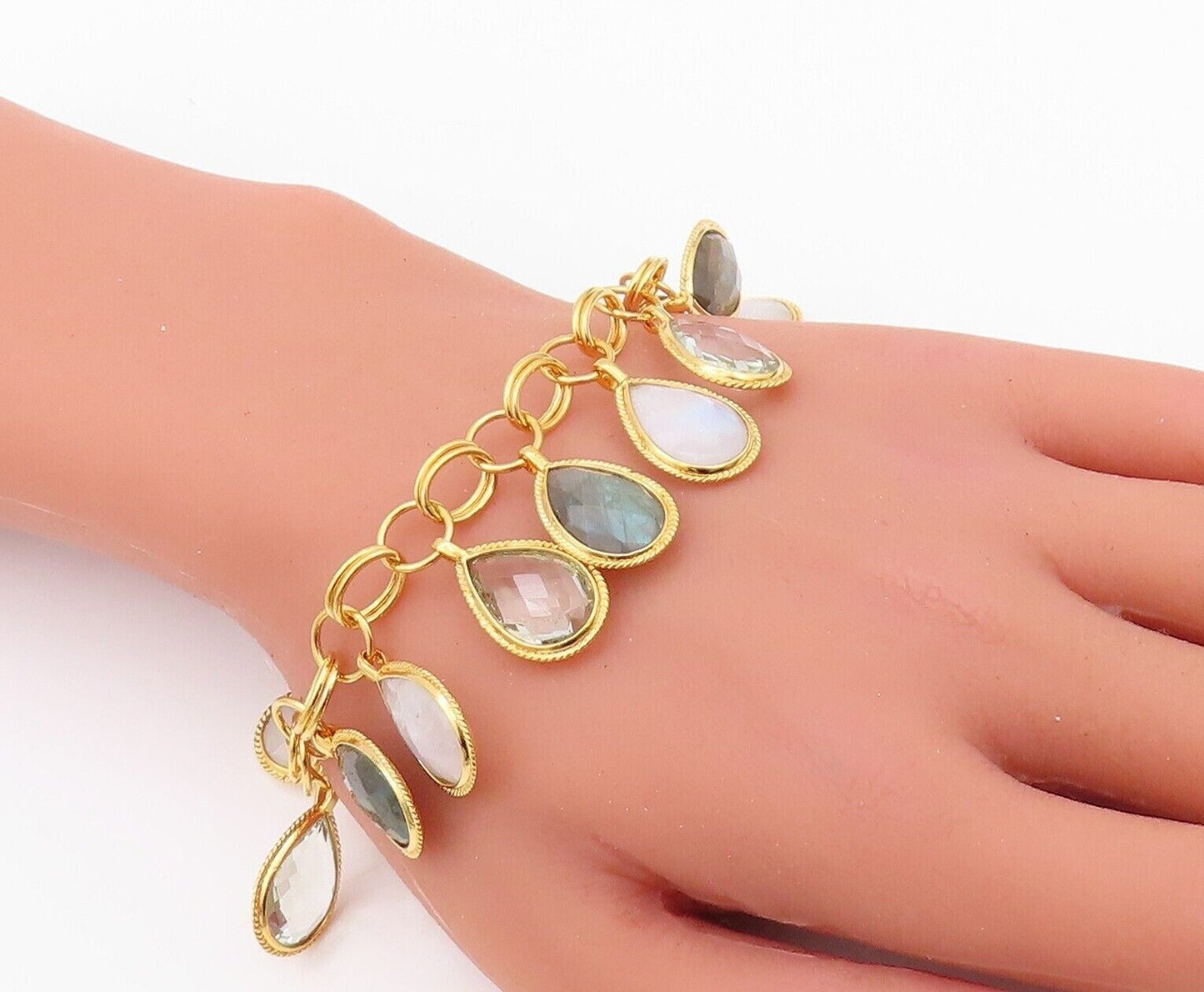 925 Sterling Silver Vintage Bracelet Gold Plated Dangling Gemstones  BT10777