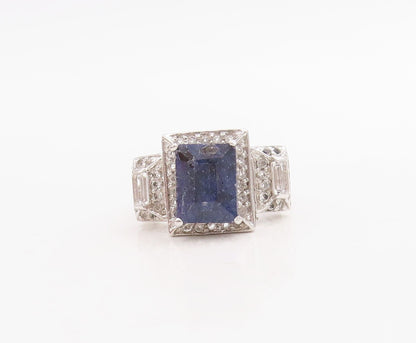 925 Sterling Silver Vintage Ring Rectangle Gemstone & CZ Inlay  Sz 6.5  RG30711