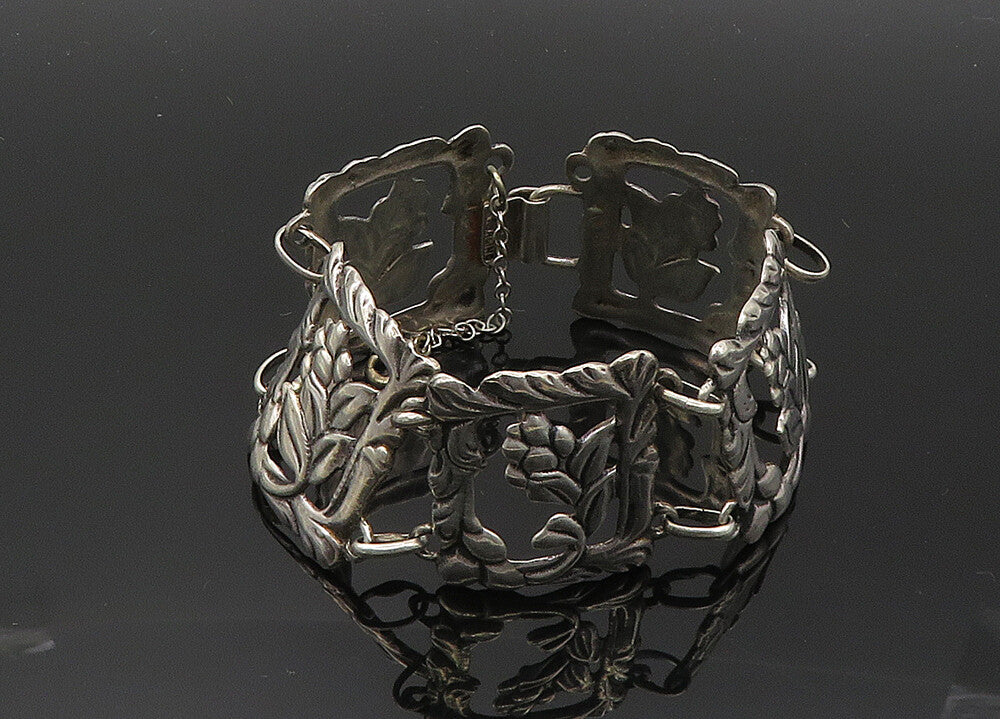 925 Sterling Silver  Vintage Antique Flower Motif Square Chain Bracelet BT8134
