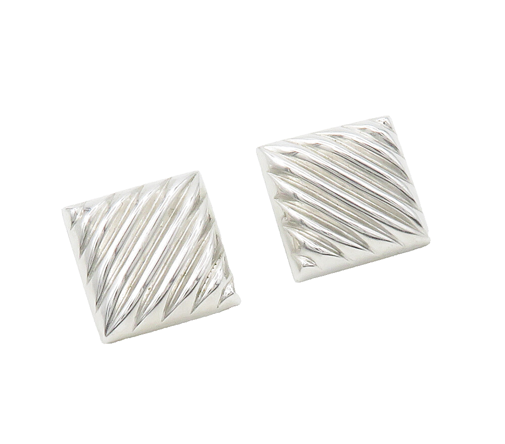 BEAU 925 Sterling Silver  Vintage Shiny Fluted Square Drop Earrings  EG8595