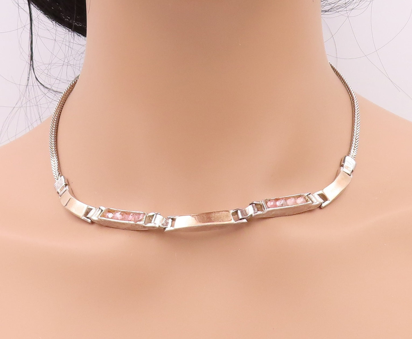 14k Gold 925 Sterling Silver Vintage Necklace Rectangular Pink Gemstone  NE4554