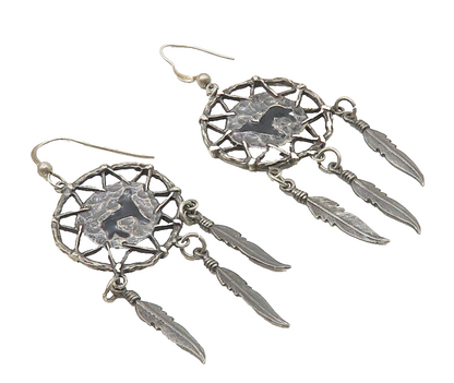 SILVER CLOUD 925 Silver  Vintage Oxidized Dream Catcher Dangle Earrings EG5666