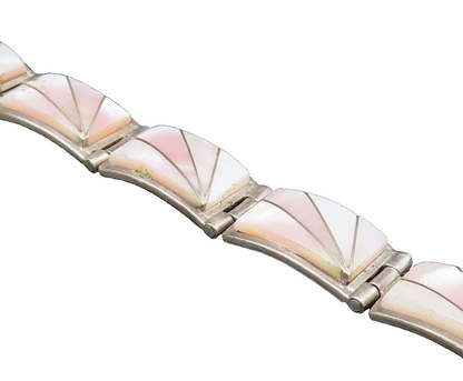 TEME NAVAJO 925 Silver  Vintage Rectangle Mother Of Pearl Link Bracelet BT9698