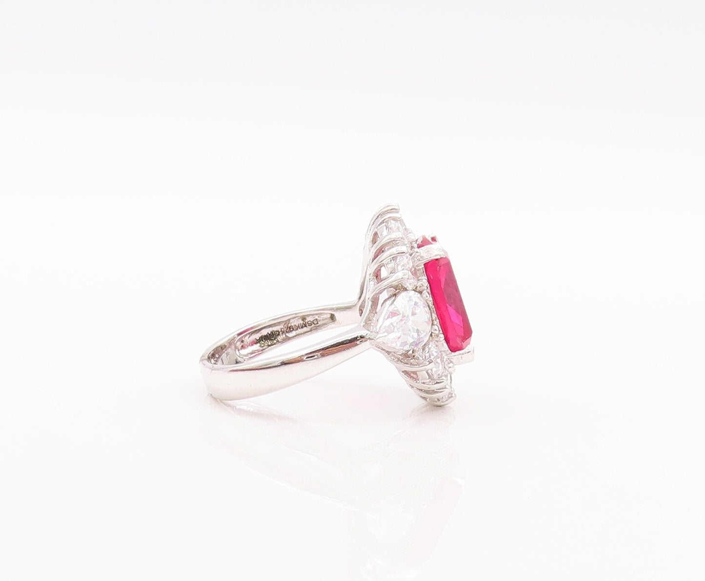 925 Sterling Silver Vintage Ring Rectangle Pink & White CZ Flower Sz 7  RG29605