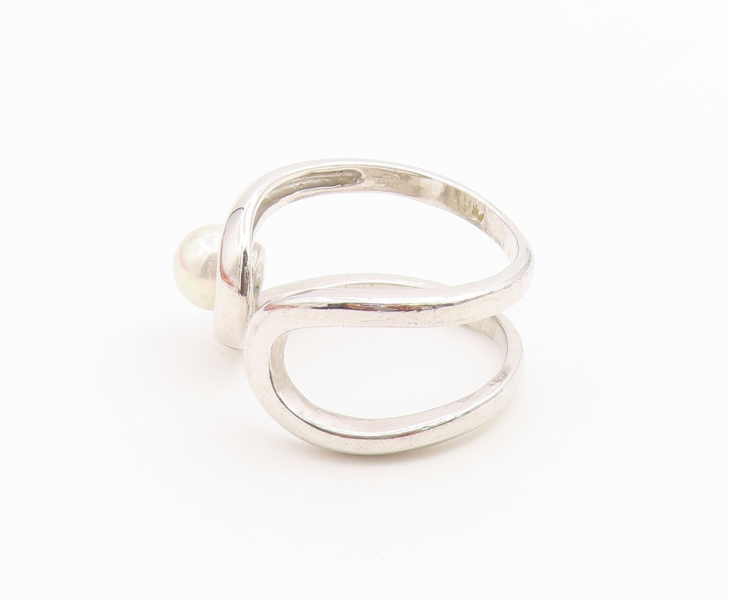 925 Sterling Silver Vintage Ring Abstract Wave Pearl Open Band  Sz 9  RG36678