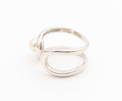 925 Sterling Silver Vintage Ring Abstract Wave Pearl Open Band  Sz 9  RG36678