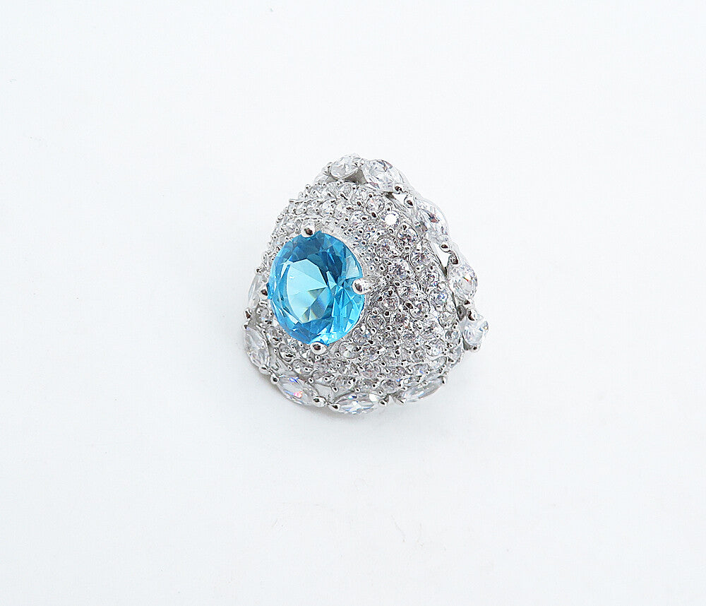925 Sterling Silver  Blue Topaz & Cubic Zirconia Cocktail Ring Sz 8  RG4957