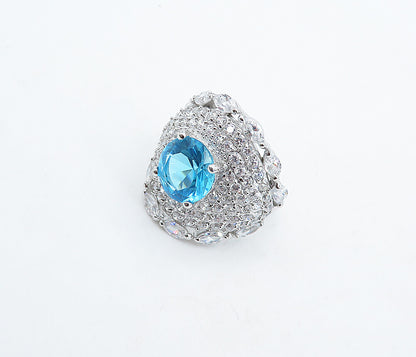 925 Sterling Silver  Blue Topaz & Cubic Zirconia Cocktail Ring Sz 8  RG4957