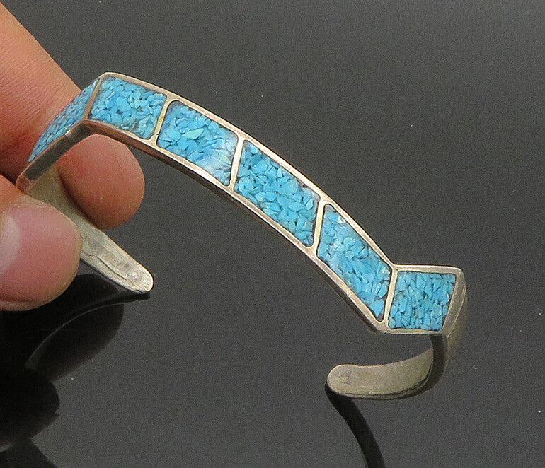 ZUNI NAVAJO 925 Silver  Vintage Inlaid Turquoise Pointed Cuff Bracelet  BT8304