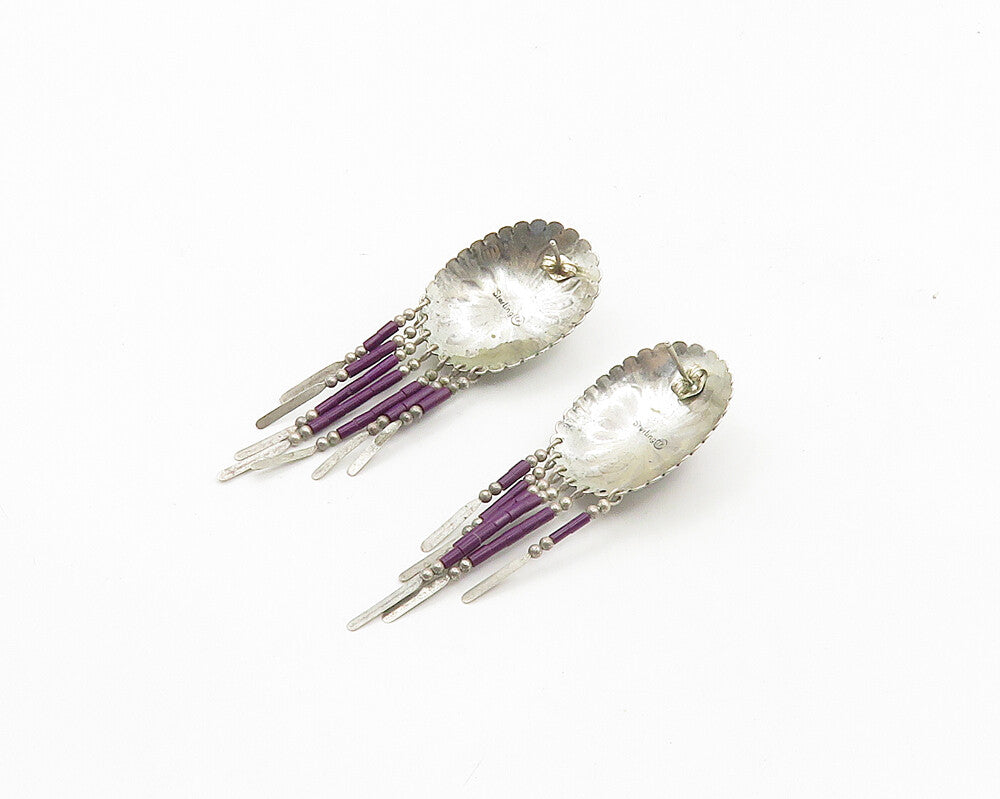SOUTHWESTERN 925 Silver Vintage Sugilite Etched Detail Dangle Earrings EG9301