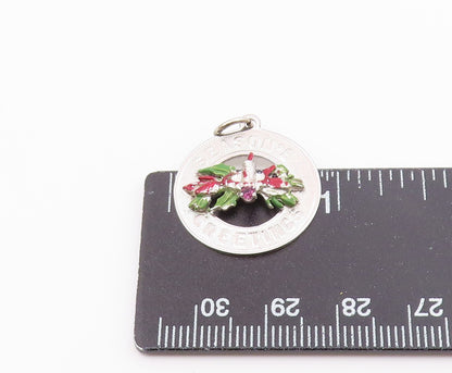 925 Silver  Vintage Enamel & Topaz Seasonal Greetings Medal Pendant  PT20841
