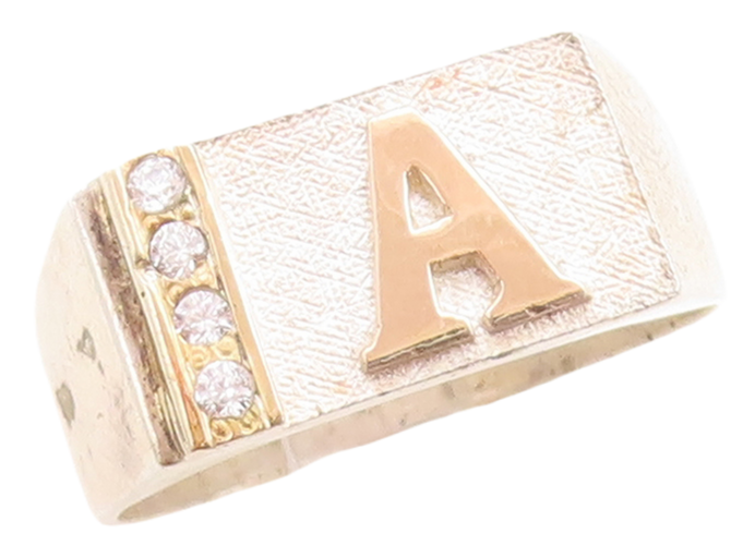 14k Gold 925 Sterling Silver Vintage Ring Solid Carved A CZ Inlay Sz 10 RG31521