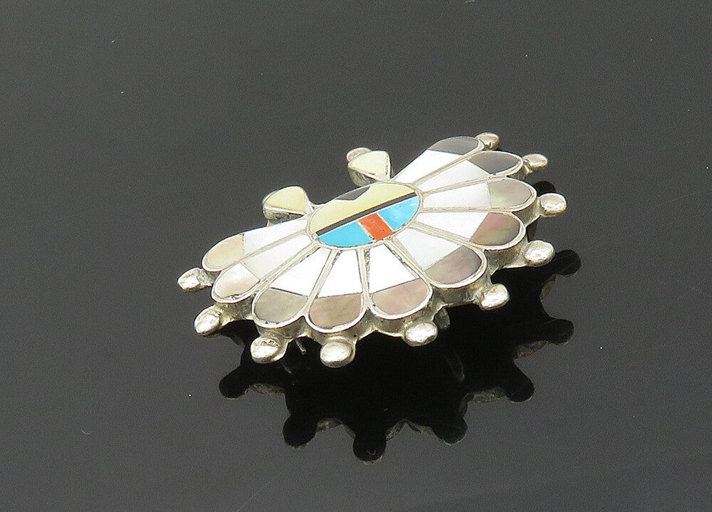 ZUNI NAVAJO 925 Silver Vintage Mother Of Pearl Multi Stone Brooch Pin BP8015