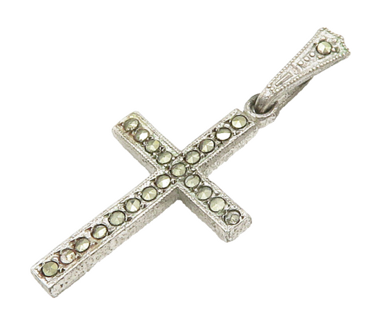 925 Sterling Silver  Vintage Petite Marcasite Religious Cross Pendant  PT11385