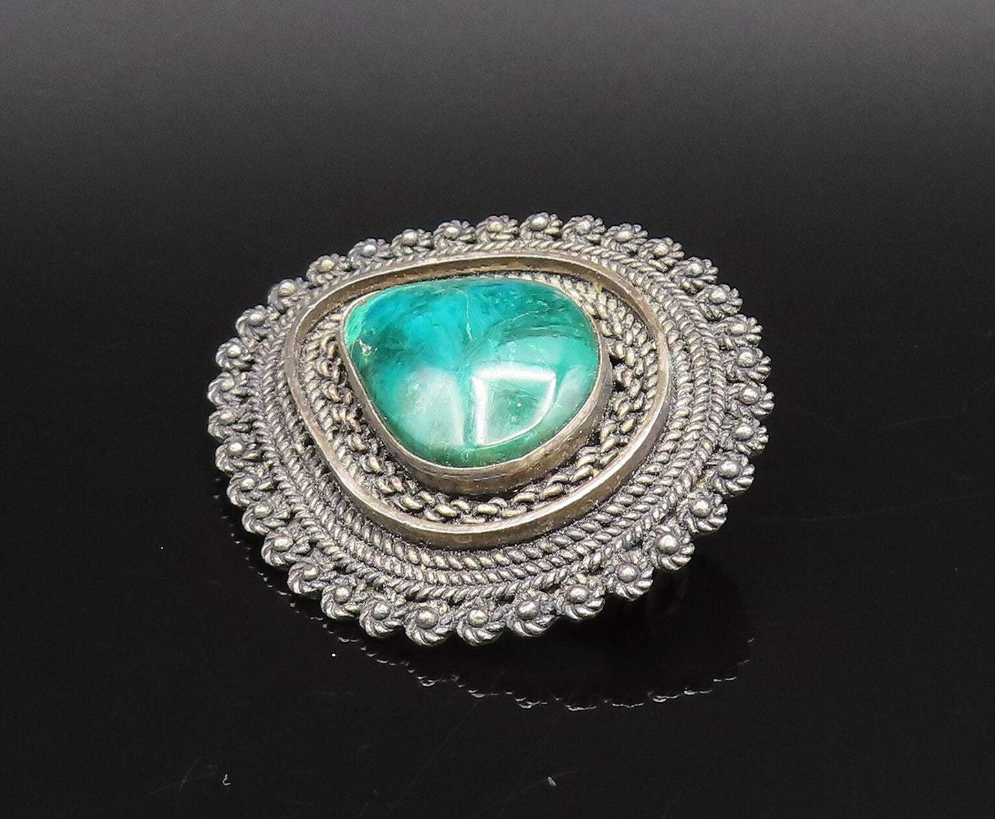 ISRAEL 925 Sterling Silver Vintage Rope Twist & Chrysocolla Brooch Pin BP10026