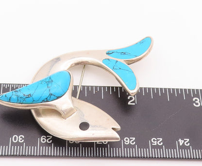 925 Sterling Silver Vintage Brooch Pin MEXICO Diving Turquoise Dolphin  BP10742