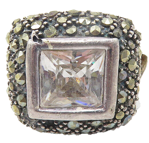 925 Silver  Vintage Cubic Zirconia & Marcasite Cocktail Ring Sz 8  RG10841