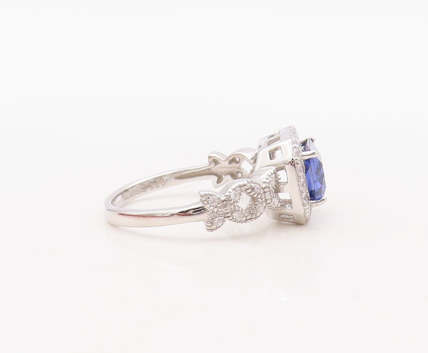 925 Sterling Silver Vintage Ring Designer CZ & Rectangle Sapphire  Sz 7  RG30687