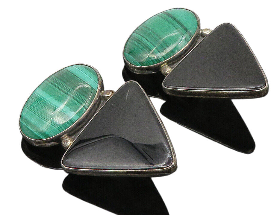 NAVAJO 925 Silver  Vintage Malachite & Black Onyx Non Pierce Earrings  EG5855