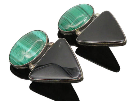 NAVAJO 925 Silver  Vintage Malachite & Black Onyx Non Pierce Earrings  EG5855