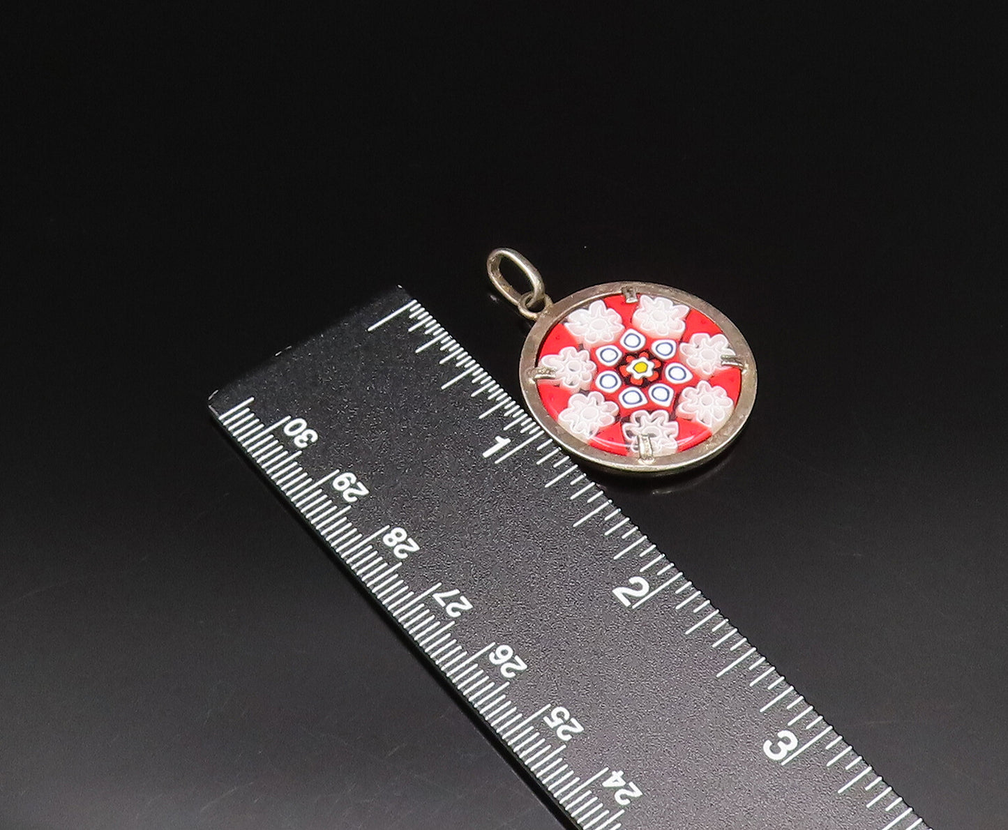 925 Silver  Vintage Double Sided Round Floral Art Glass Pendant  PT21295