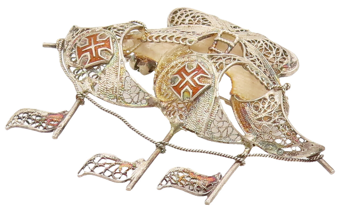 925 Silver  Vintage Enamel Cross Filigree Sailboat Ship Brooch Pin  BP10155