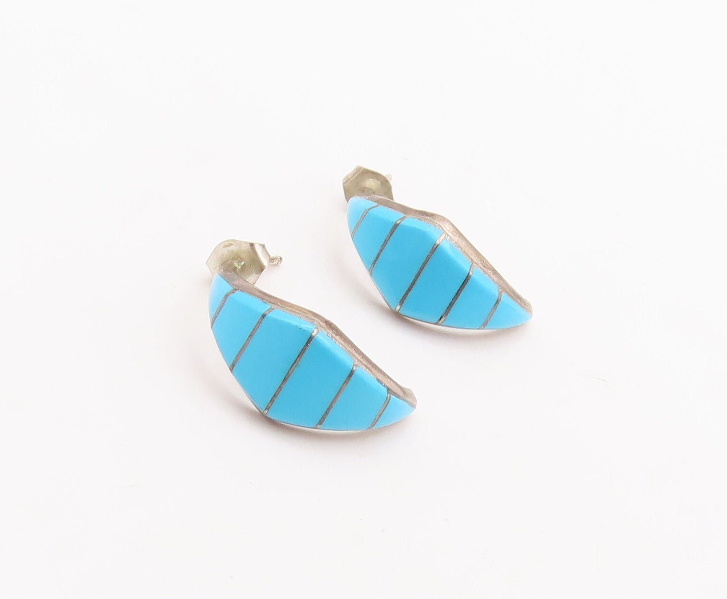 925 Sterling Silver Vintage Earrings NAVAJO ZUNI Blue Turquoise Inlay  EG13120