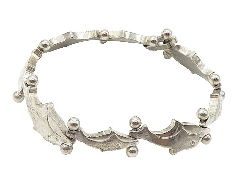 925 Sterling Silver  Vintage Shiny Dolphin Motif Link Chain Bracelet  BT3745