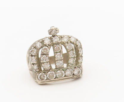 925 Sterling Silver  Vintage Stencil Carved CZ Beaded Crown Ring Sz 7  RG27391