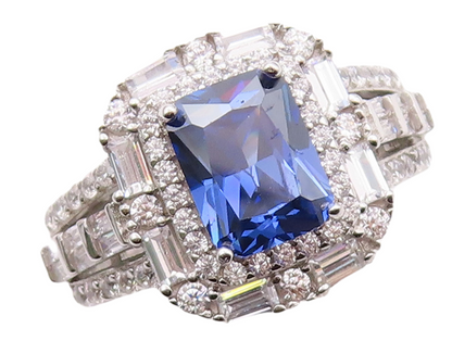 925 Sterling Silver Vintage Ring Designer Rectangle Sapphire & CZ  Sz 7 RG30895